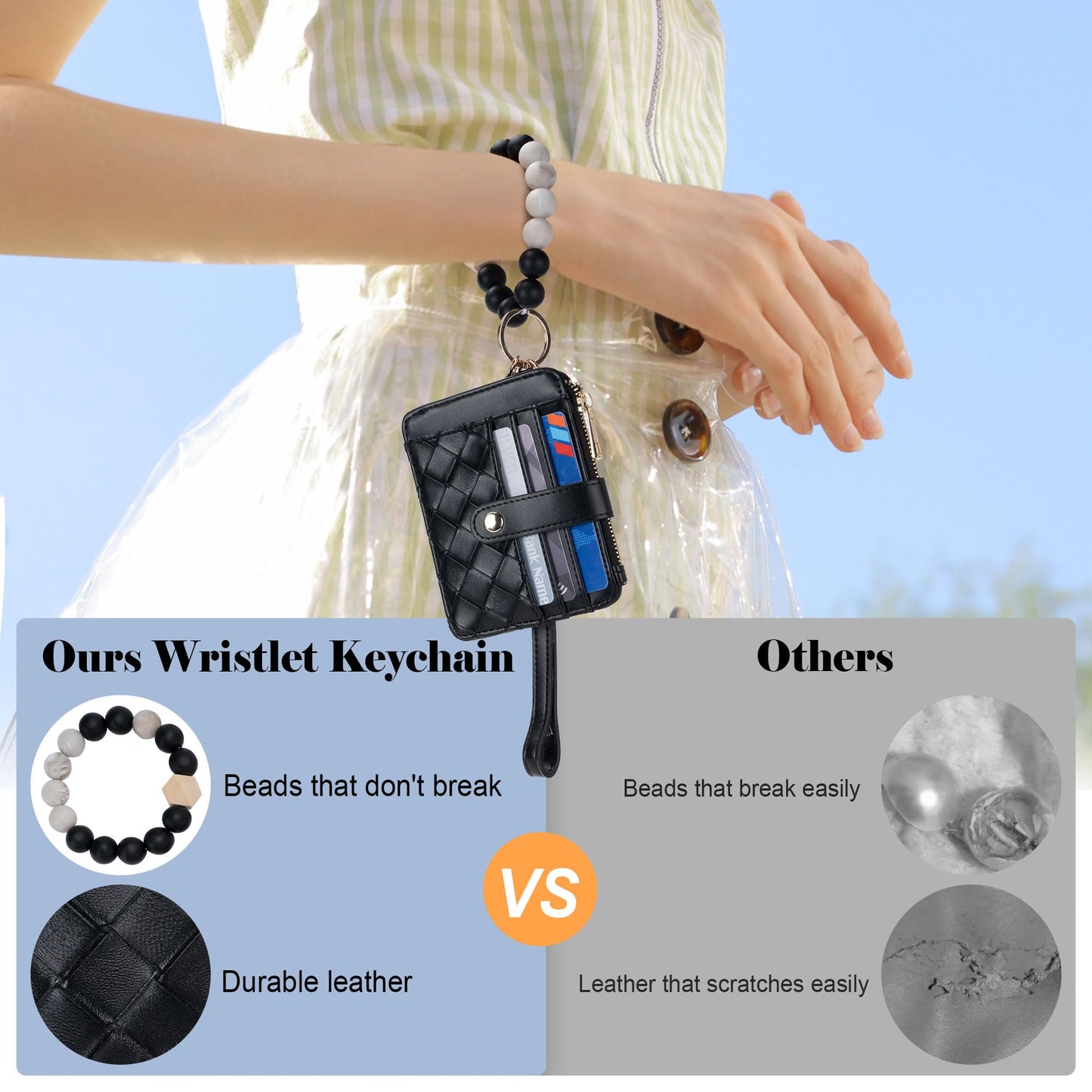 Airkit Keychain Wallet with Bracelet RFID Blocking Wristlet Credit Purse Card Holder, Silicone Bead Tassel Key Ring for Women