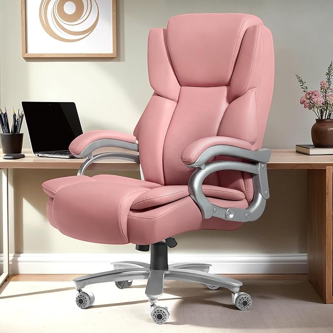 Indulgear Big and Tall Office Chair,500lbs Capacity Heavy Duty Office Chair for Heavy People, High Back Executive Computer Chair with Adjustable Lumbar Support, Quiet Rubber Wheel (Pink)
