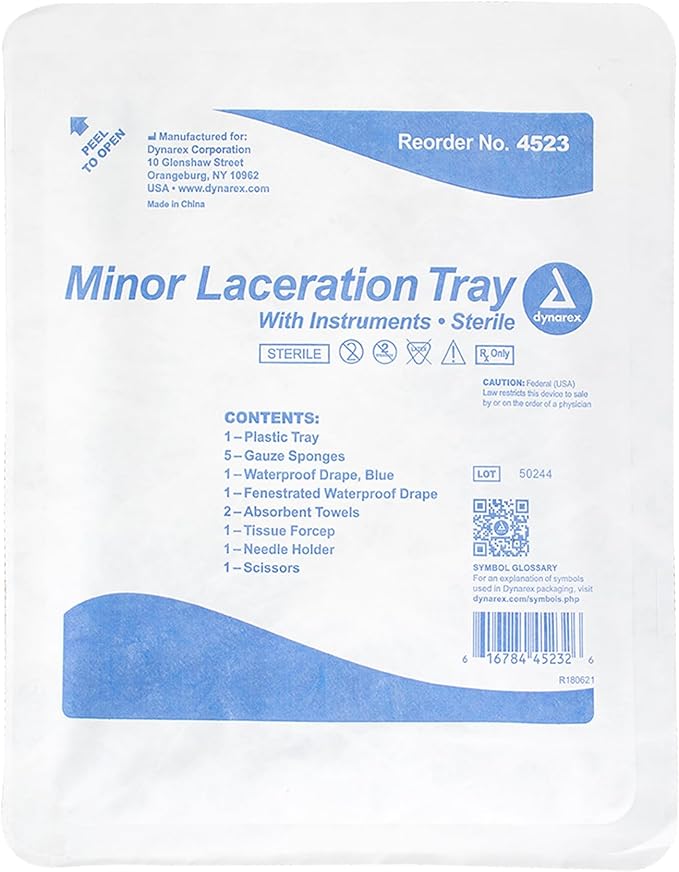 Dynarex Minor Laceration Trays with Instruments - Compact & Sterile - Tray, Gauze Sponges, Drape, Needle Holder, Towels, F...
