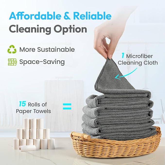 Microfiber Cleaning Cloths 12x12IN 12 Pack Grey Lint Free Kitchen Cloths - Extra Thick, Streak-Free, Lint-Free, Fast Absorbent - Reusable Multi-Purpose Housekeeping Rags for Cars