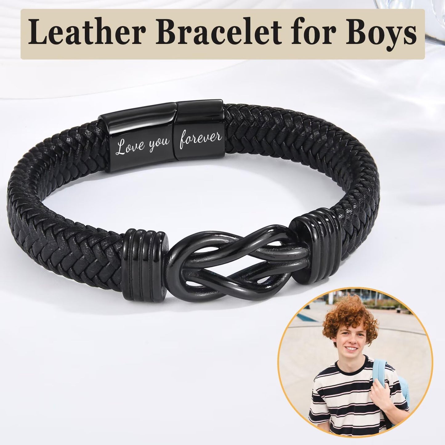 OAVOOK Gifts for Brother from Sister Infinity Leather Knot Bracelets for Teen Boys Braided Cuff Jewelry for Birthday, Christmas, Back to School