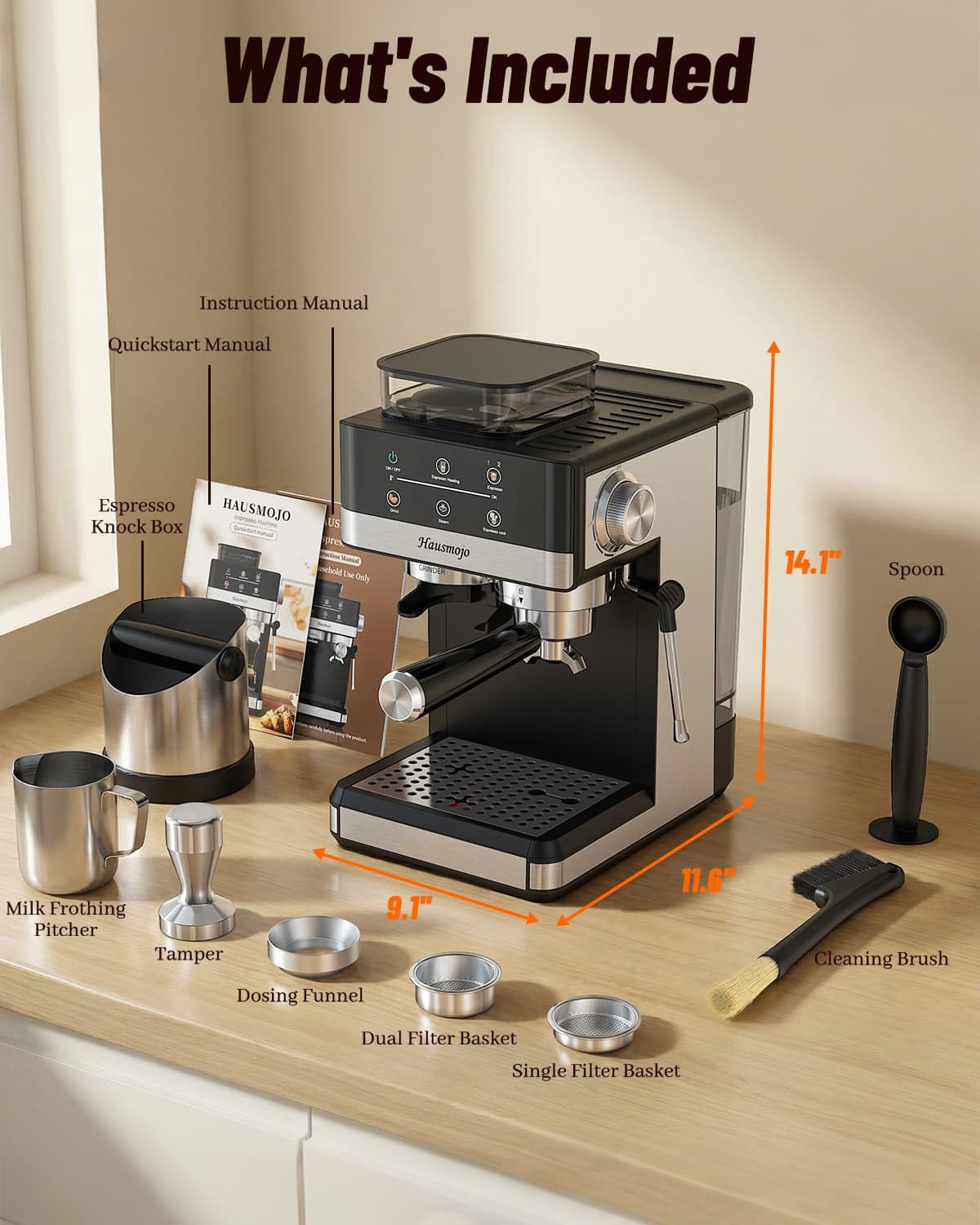 Hausmojo Espresso Machine with Grinder, 20Bar Expresso Coffee Machines with Milk Frother, Professional Compact Stainless Steel Coffee Maker for Espresso, Latte & Cappuccino, Perfect for Home Use