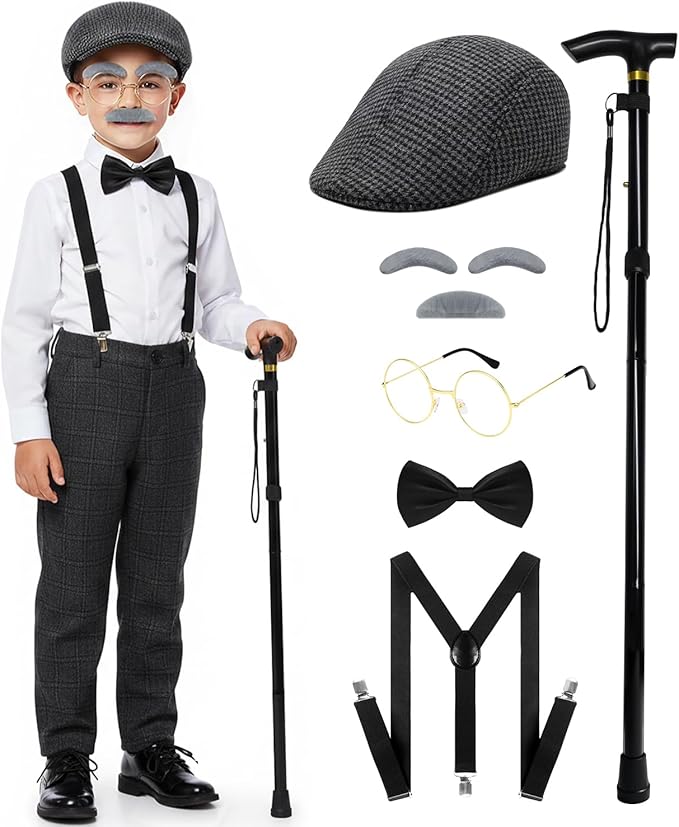 Mscawow Old Man Costume for Kids–100 Days of School Costume with Hat,Glasses,Suspenders & Cane