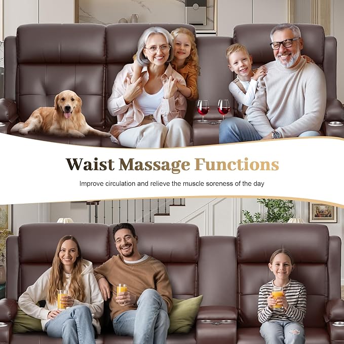 Recliner Sofa, 3 Sets of Massage Reclining 3 Seater Sofa Sets Heavy Weight Capacity, RV Loveseat Couch Clearance with Console, USB, Type C Port, Storage, Cup Holders, Wall Hugger Chair for Living Room