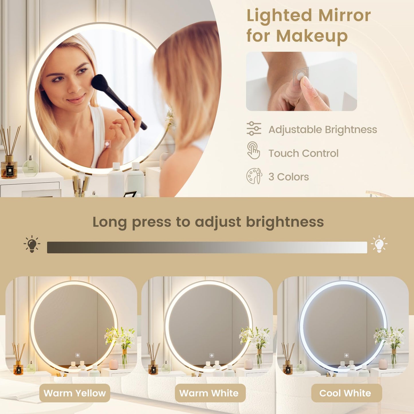 COSTWAY Vanity Table Set with LED Lighted Mirror, Makeup Dressing Table Set with 3 Color Lighting Modes & Adjustable Brightness, Vanity Desk with Cushioned Stool for Women, Girls, White