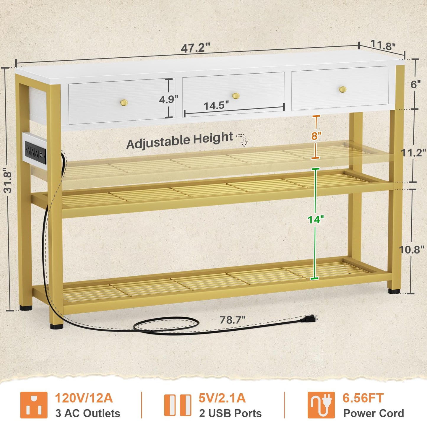 Ecoprsio 47'' Entryway Table with Outlets and USB Ports, Console Table with 3 Drawers, Sofa Table Narrow Long with Storage Shelves for Living Room, Couch, Hallway, Foyer, White and Golden