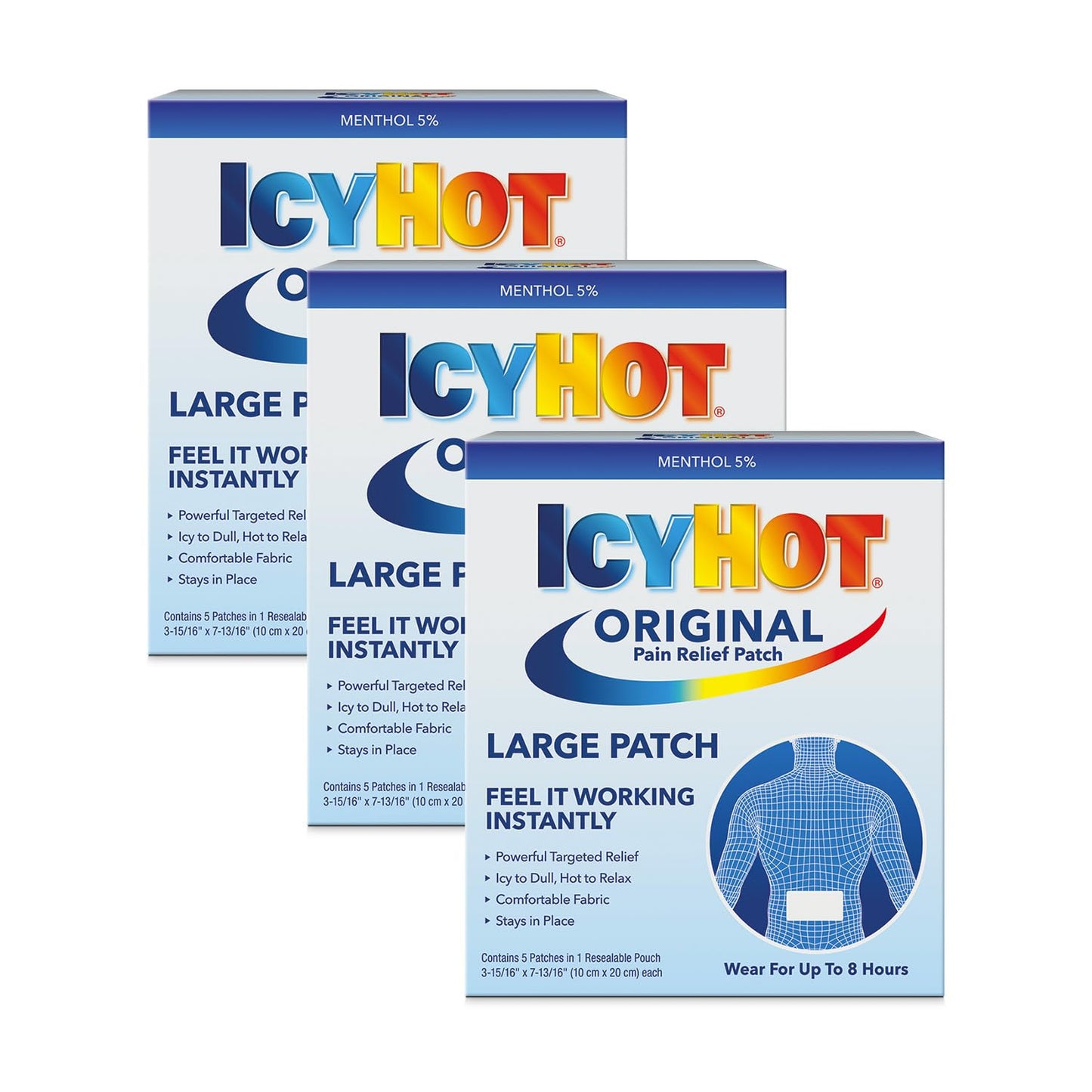 Icy Hot Orginal Large Pain Relief Patches, Powerful Targeted Relief for Back & Large Areas, 5 Count (Pack of 3)