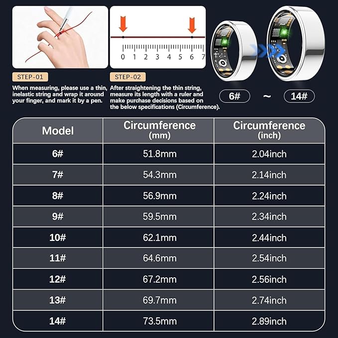 Smart Health Ring for Women Men, Fitness Tracker Ring with Heart Rate, Blood Oxygen, Sleep Tracker, Step Tracker, No Subscription Fee, IP68 Waterproof Smart Ring for iphone & Android (Silver, 8#)