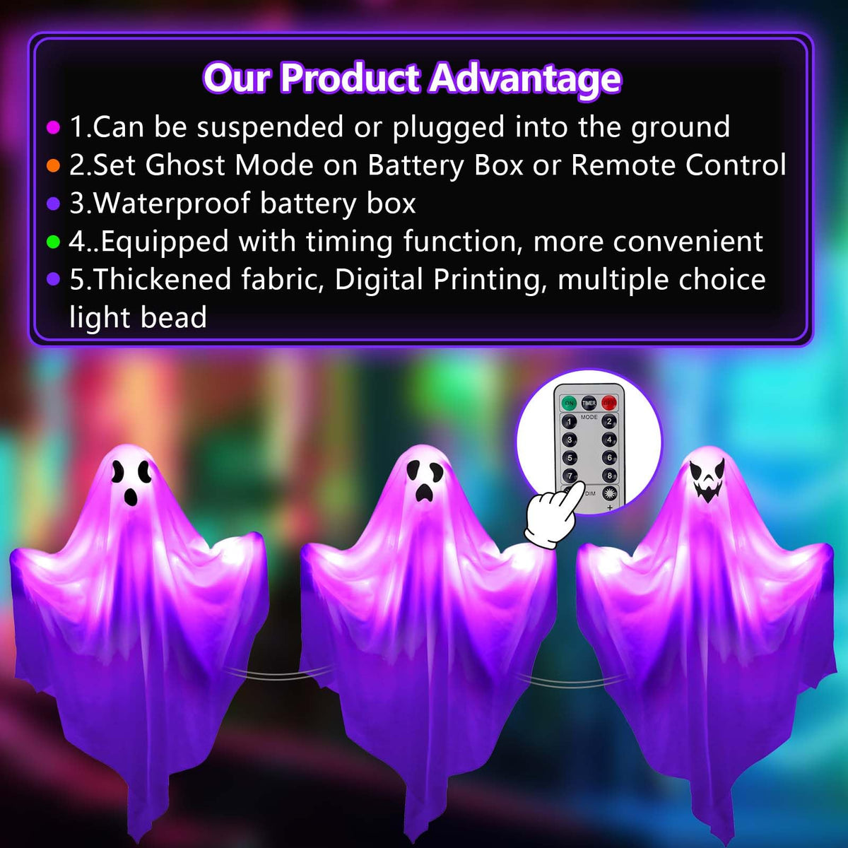 [8Light-Modes] Sets of 3 Halloween Ghost Light Stakes, Flying Ghost Halloween Decorations, LED Lighted Ghost Yard Stakes Outdoor Scary Hanging Ornament for Lawn, Yard, Patio, Haunted House