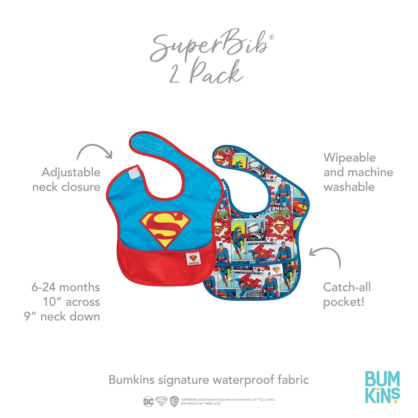 Bumkins Bibs for Girl or Boy, SuperBib Baby and Toddler for 6-24 Months, Essential Must Have for Eating, Feeding, Baby Led Weaning, Mess Saving, Waterproof Soft Fabric, 2-pk Batman and Superman