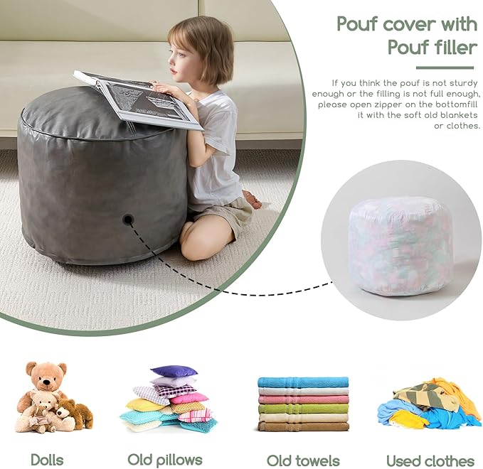 HIGOGOGO Round Stuffed Pouf Ottoman, Pu Leather Poufs with Foam Chunk Filling, Furry and Fluffy Pouf Foot Stool Storage Ottoman, 20 X 15 Floor Poufs Foot Rest for Living Room, Grey