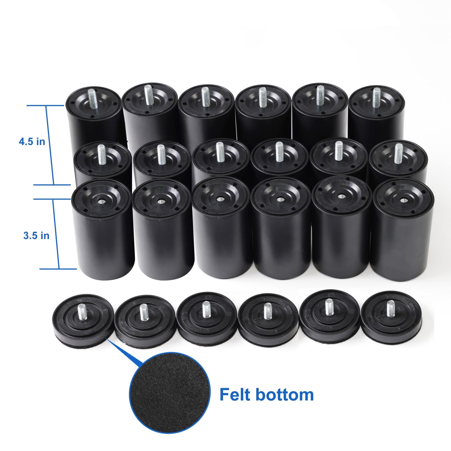 Skuehod 12 Inch Adjustable Bed Legs Replacement Screw in Furniture Support, 3 Sections, Felt Bottom for Hard Floors, Set of 6