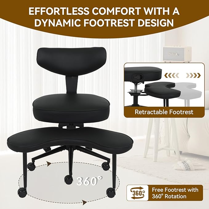 ELECWISH Meditation Chair Pro, ADHD Chair for Adults with Wing Back Support, Criss Cross Kneeling Yoga Desk Office Use with Wheels, Height Adjustable seat and Leg Rest, Black