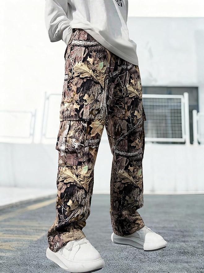 Men's Autumn Camo Tactical Straight Leg Pants - Foliage Pattern Outdoor Survival Trousers for Huntin