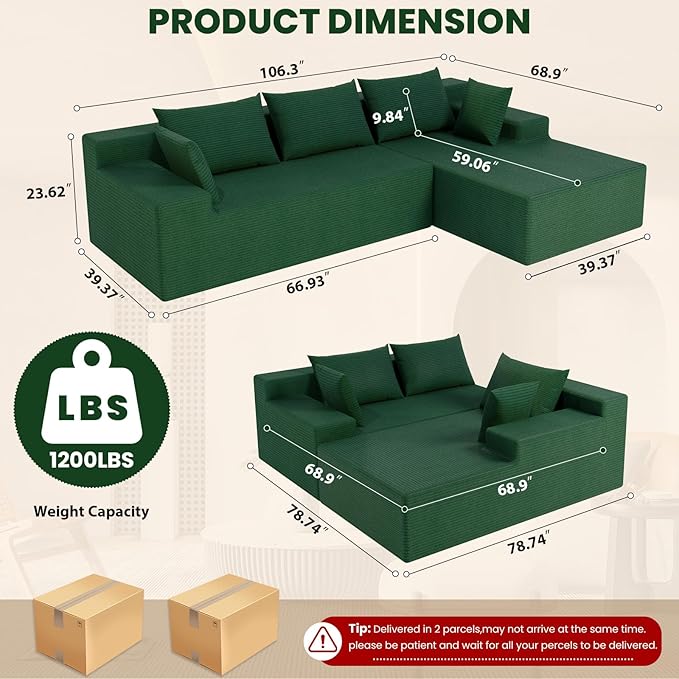 LEVELEVE 107" Cloud Sectional Couch with Deep Seat，Modern Modular Sofa with L-Shape Chaise，No Assembly Required, Upholstered Couches for Living Room Bedroom(Green,Right Facing Chaise)