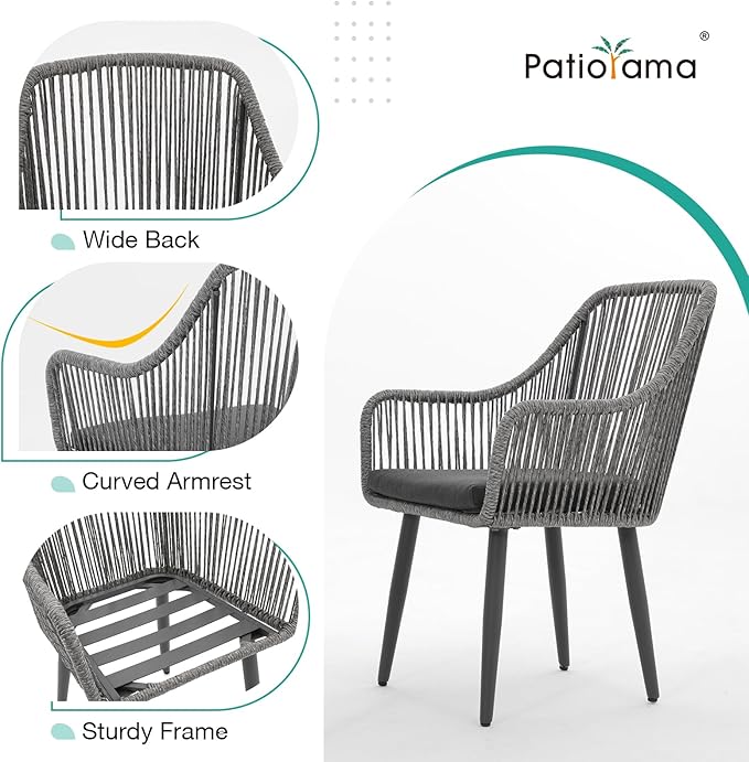 Patiorama Outdoor Dining Chairs, Patio Dining Chair Set of 2, All-Weather Woven Rope Rattan Chairs, Outdoor Dining Wicker Chairs with Armrests for Indoor Balcony Pool Backyard(Gray)
