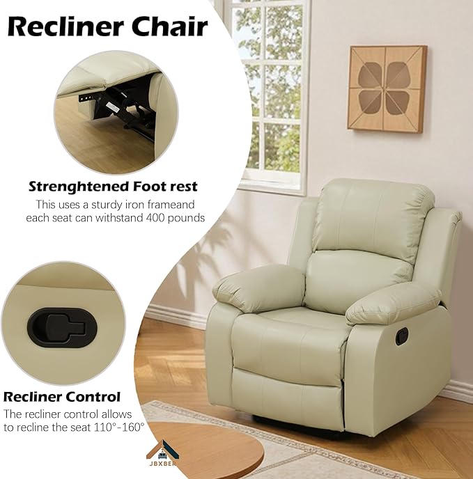 JBXBER Manual Recliner Sofa Set for Living Room, Leather Reclining Sofa Sets, Faux Leather Couch Set with Cup Holders, Drop-Down Table and Storage Console(3 Piece Set,Beige)