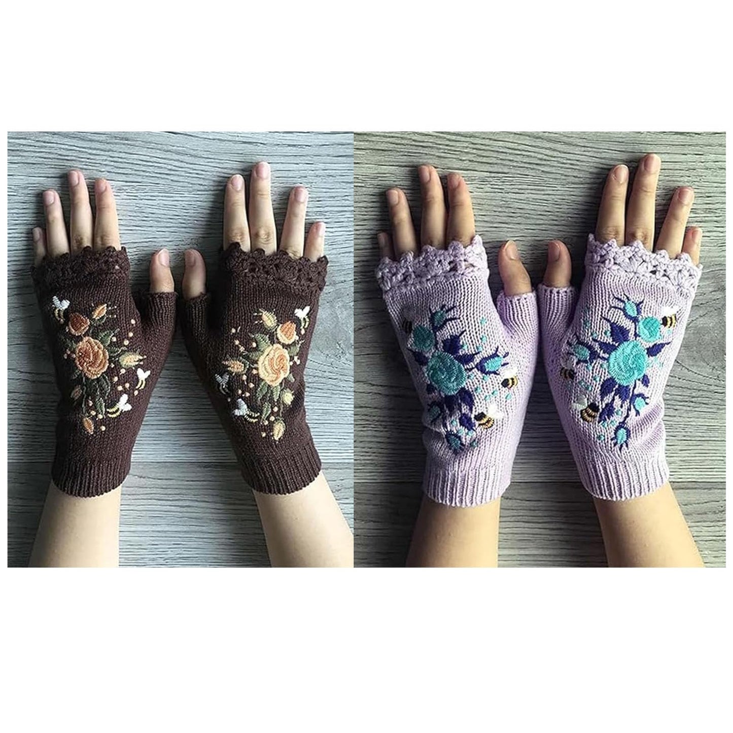 Firtideti Women's Hand Embroidered Knitted Flower Fingerless Gloves, White, One Size