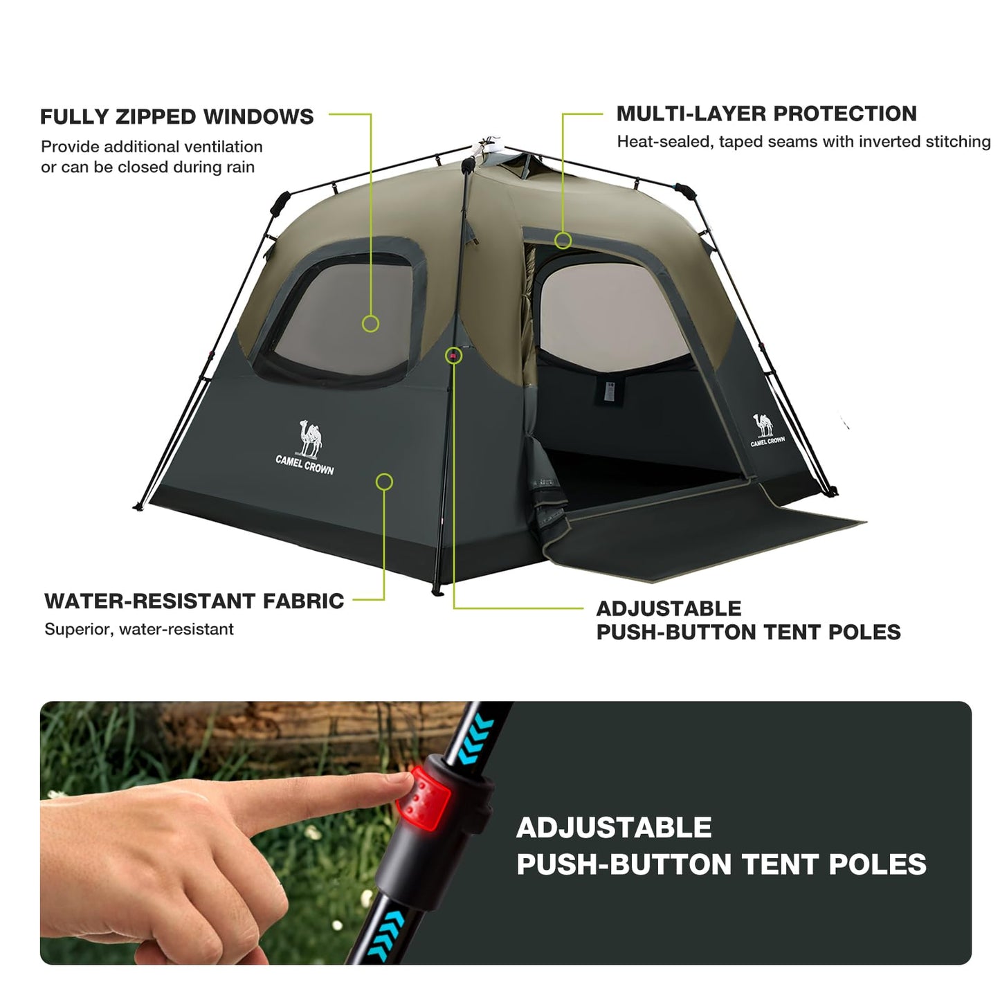 CAMEL CROWN Instant Tents for Camping 4-6 Person Tent Waterproof Easy Setup Sets Up in 60 Seconds Backpacking Tents with Carry Bag for Outdoor Hiking Sandy Brown