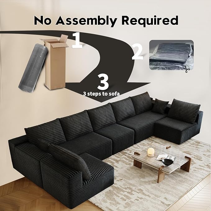 168.5" Modular Sectional Sofa, Oversized U-Shaped Minimalist Couches with 3 Middle Seats Chaise, Modern Deep Seat Convertible Sleeper Sofa, Cloud Plush Corduroy Fabric,7 Seater, Black