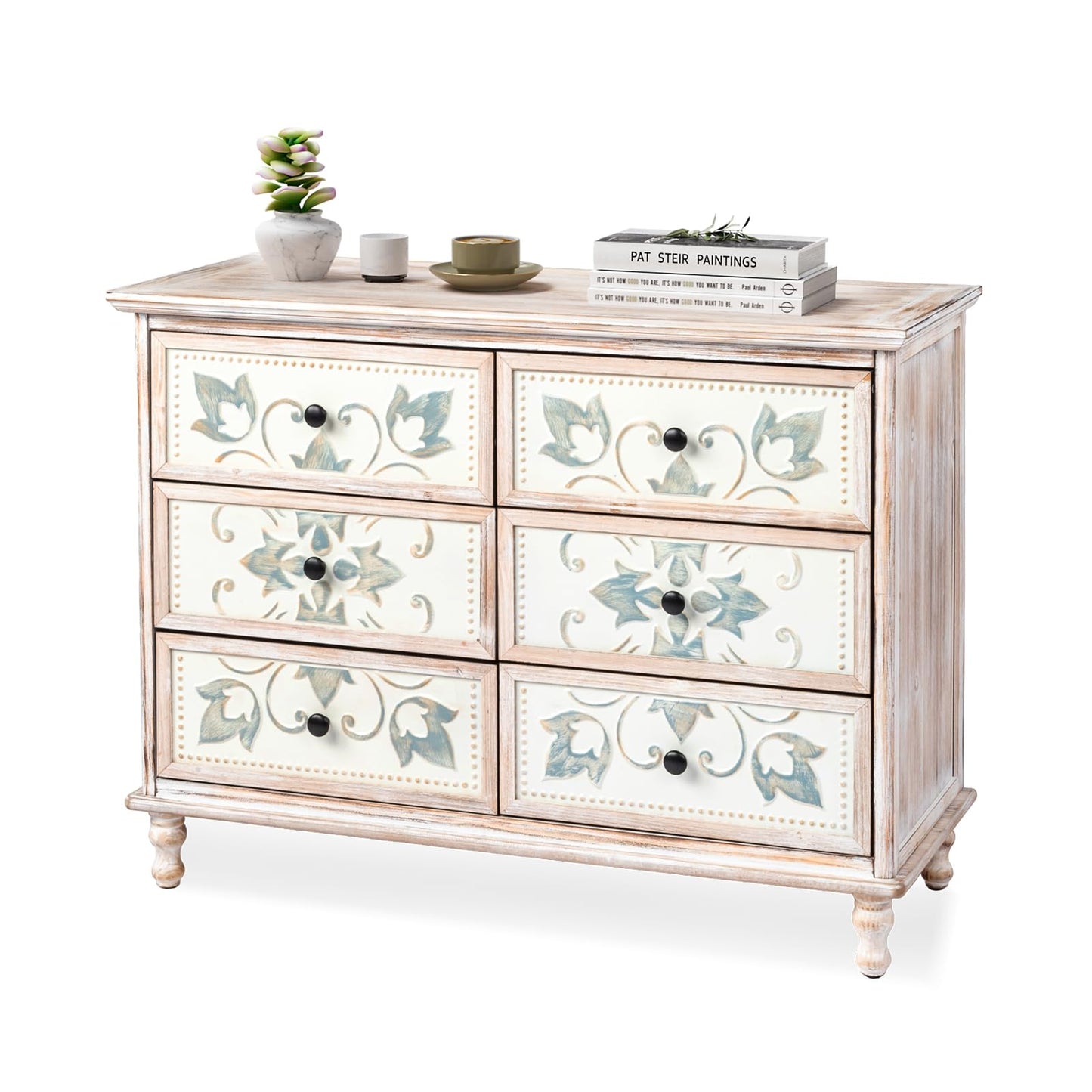 VINGLI Wash White Dresser for Bedroom, 6 Drawer Dresser Chest of Drawers, Boho Dresser Wooden, French Country Dresser with Carved Flower Pattern Drawers & Solid Wood Legs