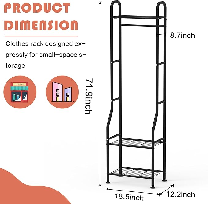 Narrow Clothing Rack with 3 Tier Metal Shelves, 71.9 Inch Tall Garment Rack with 8 Hooks, Freestanding Closet Organizer with Adjustable Leveling Feet for Small Space, Bedroom (Black)