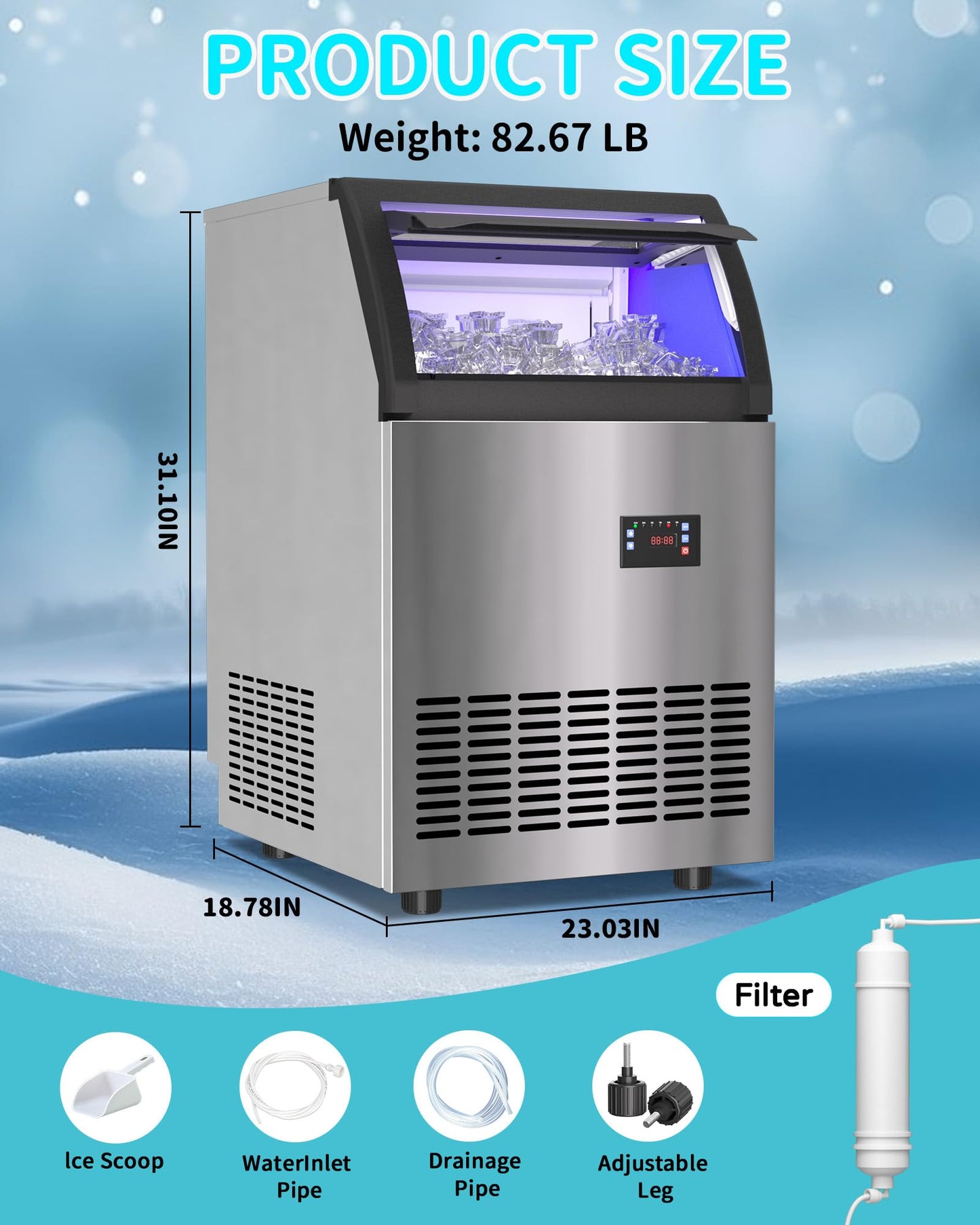 Quyndor Commercial Spray Drench Ice Maker Machine 130 Lbs/Day, Undercounter Ice Makers 100Lbs Storage Bin and 45 Ice Trays, Under Counter ice Maker for Home, Bar, Party