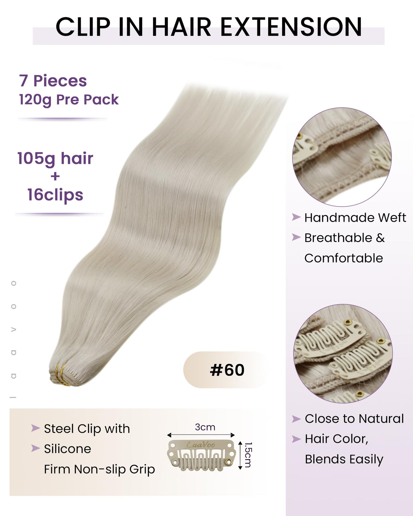 LaaVoo Human Hair Clip in Extensions Platinum Blonde Clip in Hair Extensions Real Human Hair Blonde Hair Extensions Clip ins Dou