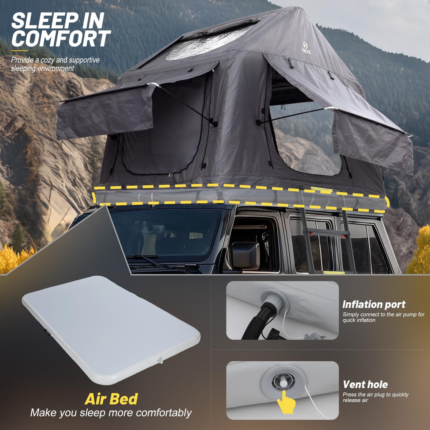 Nice C Inflatable Rooftop Tent with Air Mattress & Ladder, SUV Truck Car Tent for Camping, Easy Setup Pop-Up Camping Car Roof Tents with Pump, Waterproof Windproof Overland Tents (Black&Grey)