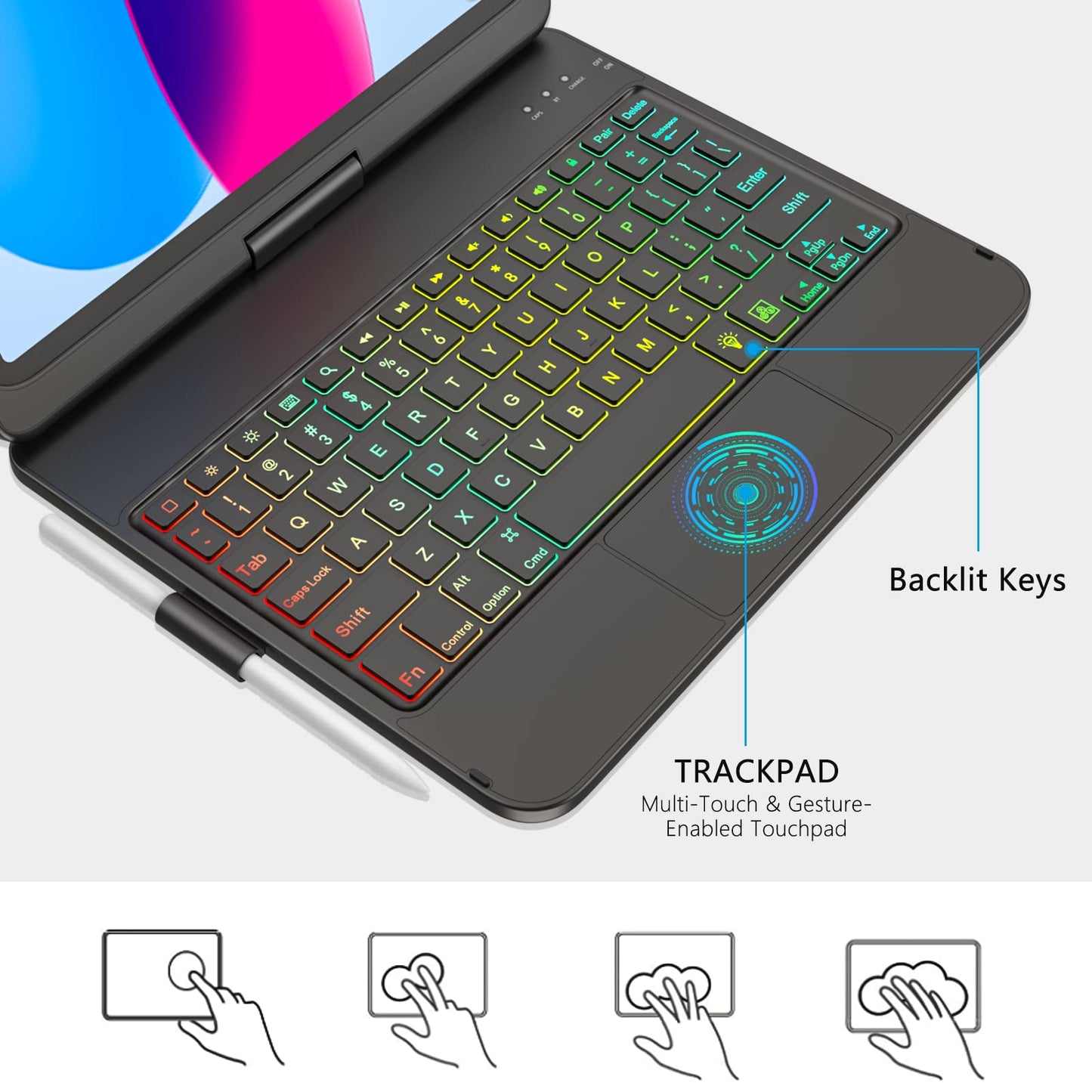 Cc Store Touchpad Keyboard Case For Ipad (A16) 11Th Gen 2025/10Th Gen 2022, 7 Color Backlit,360 Rotatable,Multi-Touch Track,Penc