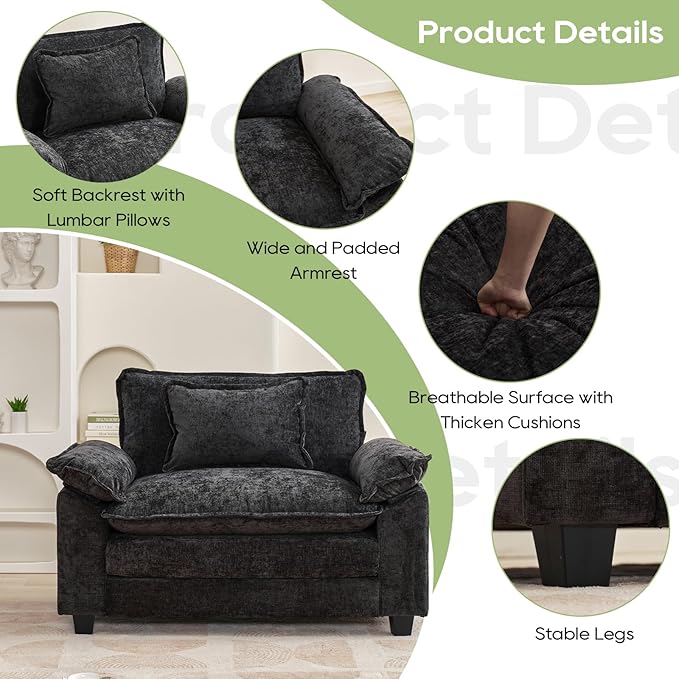 Oprisen Modular Sectional Sofa, Comfy Cloud Couch Sectional Sofa, Chenille Sofa Sleeper Deep Seat Sofa with Throw Pillows for Living Room (Black, 53"- Single Seat)