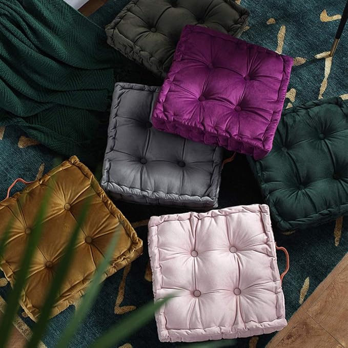 vctops Square Solid Color Velvet Seat Cushion with Handle Tufted Thicken Chair Pad Tatami Floor Pillow Cushion 16.5"x16.5"x4" Army Green