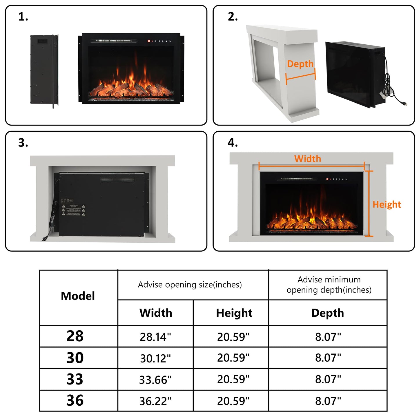 Oxhark Flame 28 Inches Electric Fireplace Insert with Trim Kit, Wall Mounted & Recessed Electric Fireplace Inserts with 8 Flame Colors, Remote Control, 6 Levels Brightness, 9H Timer, Black, 1500W/750W