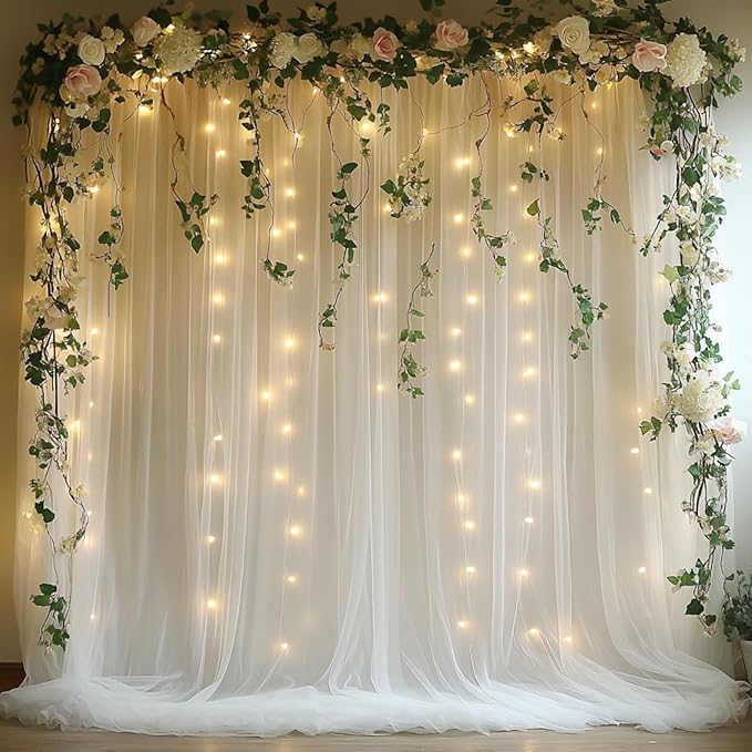 Patioman 10x10ft White Tulle Backdrop Curtain with String Lights, Wrinkle-Free Sheer Wedding Backdrop for Birthday Partie...