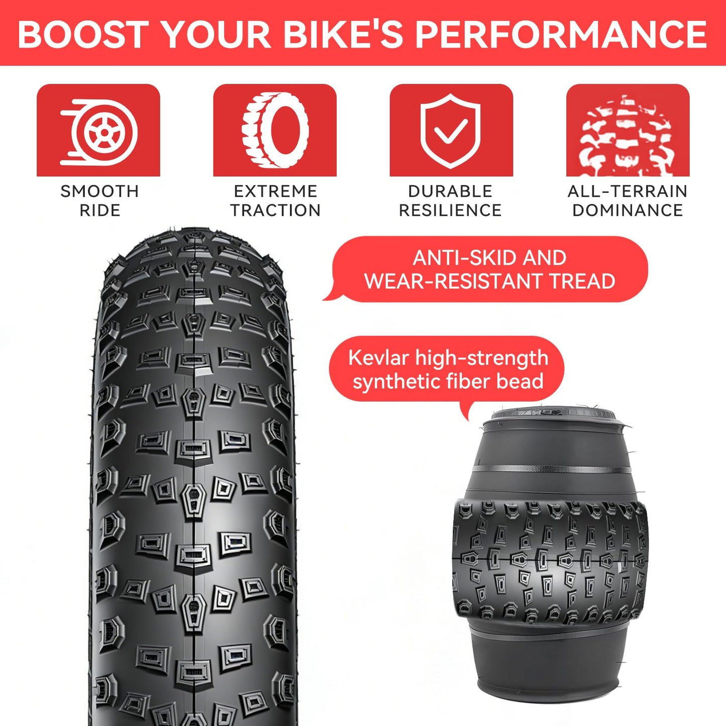 2-Pack 26×4.0 Fat Tire for E-Bikes & Fat Bikes, Puncture-Resistant All-Terrain Electric Bike Tire with Aggressive Knobby Tread for Snow, Sand, Mountain Trails & City Roads