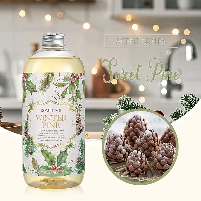 ROMIIE ZOI Christmas Liquid Hand Soap Refill-Winter Pine Soap Refill- Infused with Sweet Pine Aroma, Gentle & Moisturizing Formula for Home & Kitchen, 750 ML/ 26 FL OZ