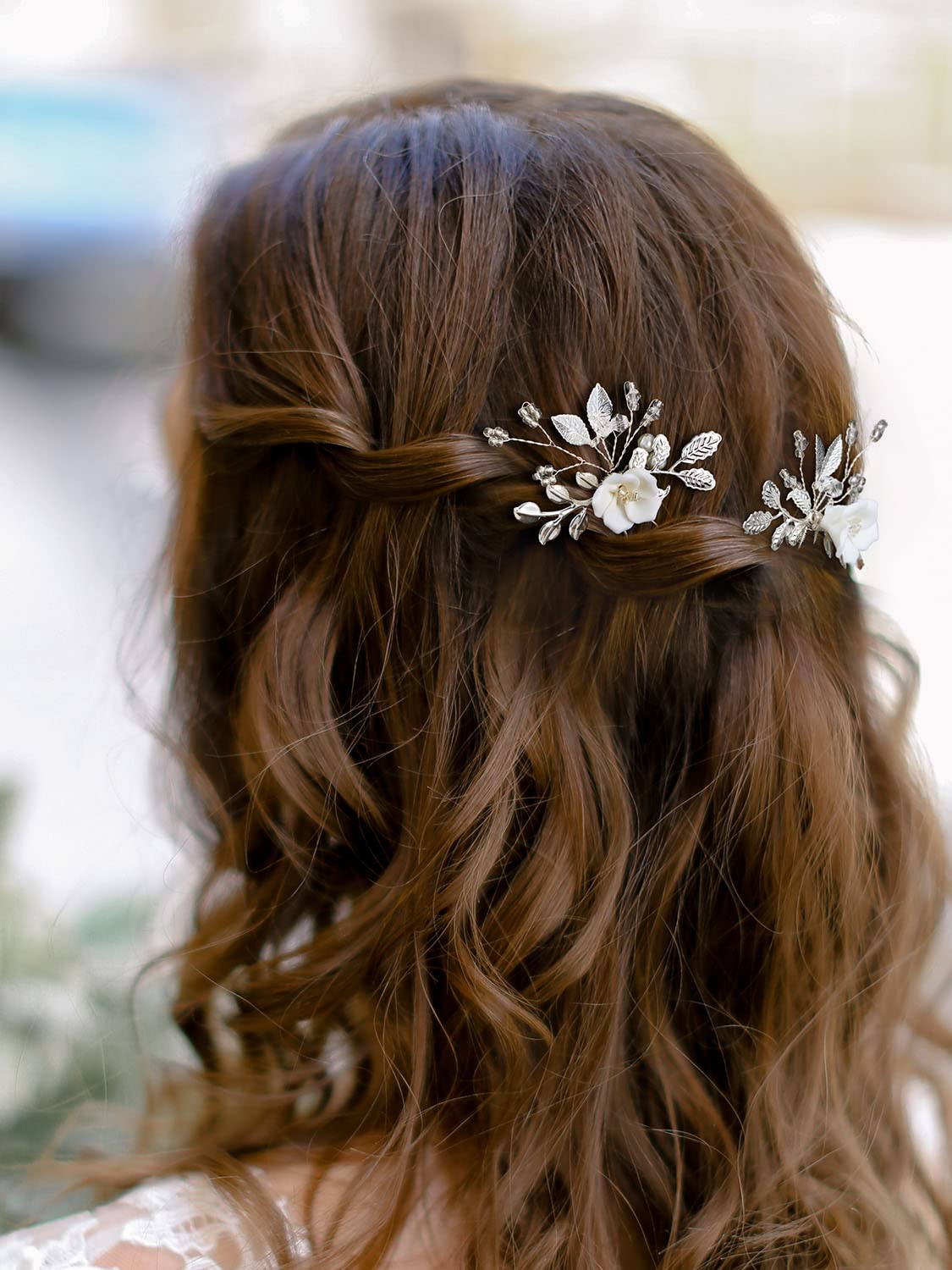 SWEETV 2Pcs Bridal Hair Accessories,Silver Wedding Hair Pins Pieces With White Flowers for Brides