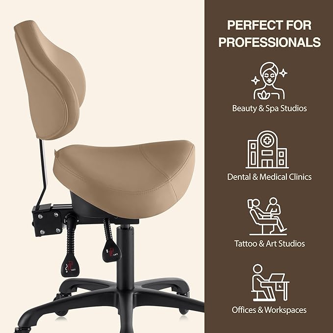 Pneumatic Swivel Rolling Saddle Chair with Wheels and Ergonomic Back Support for Hair Stylist, Dental Hygienist, Hygienic Clinic, Spa, Massage, Home, Office - 510 KOA (Tan, Standard)
