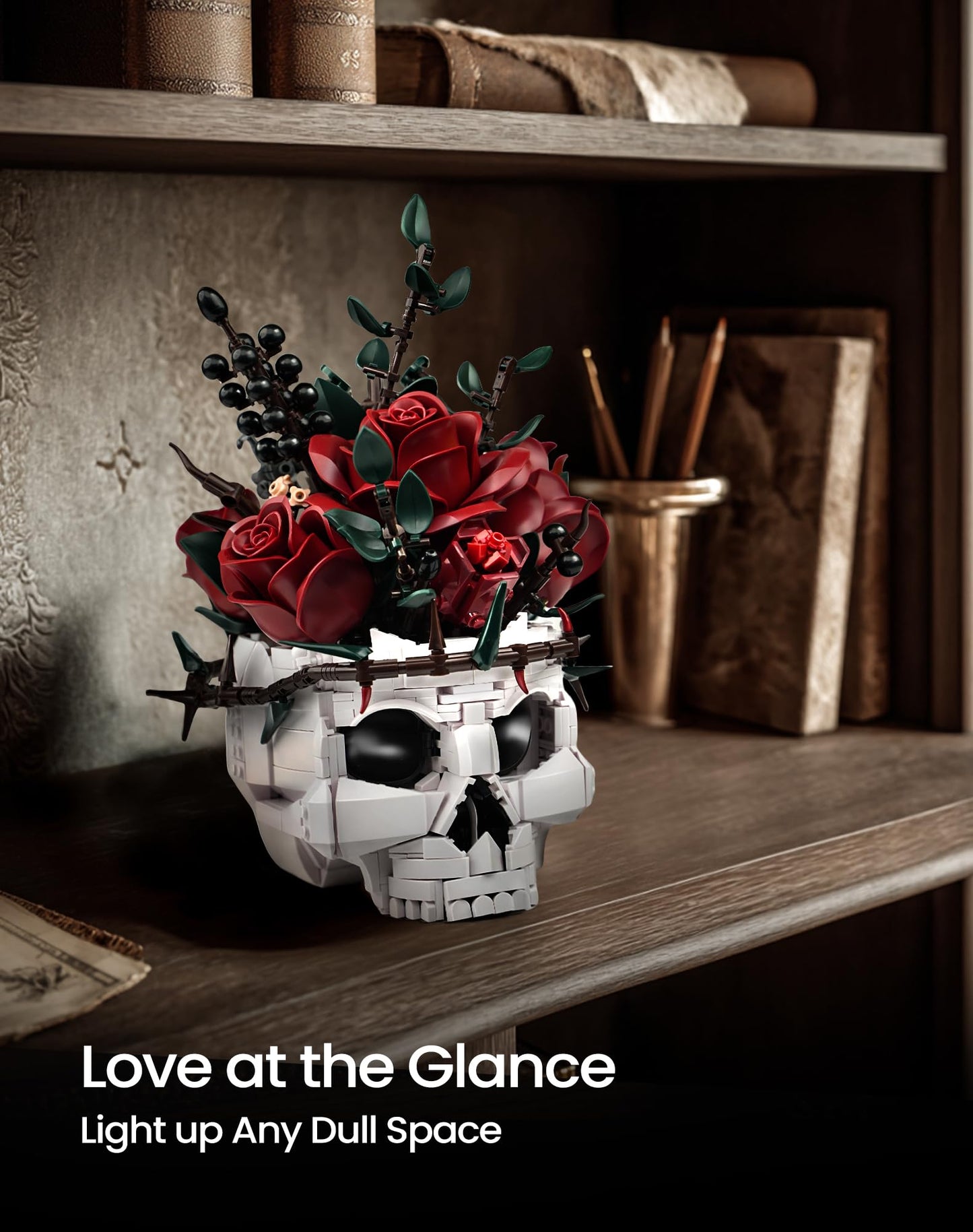 Skull Rose Bouquet Building Set, Compatible with Lego Flowers for Adult - Halloween Gothic Horror Skeleton Plant Pot Home Decor - Artificial Flower Botanical Collection Gifts, IA11008