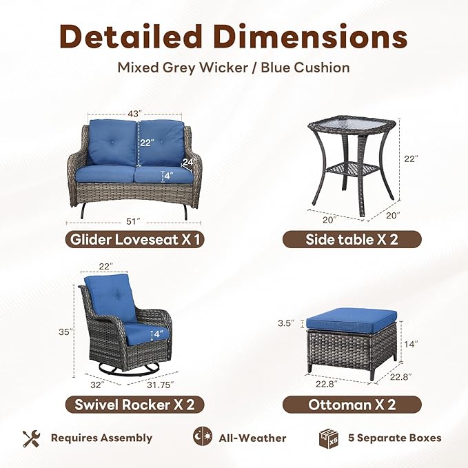 Belord Outdoor Patio Furniture Set - 7 Piece Gray Wicker Conversation Patio Furniture Set All Weather Swivel Chairs with Ottoman and Loveseat Glider Chair for Deck Balcony Backyard