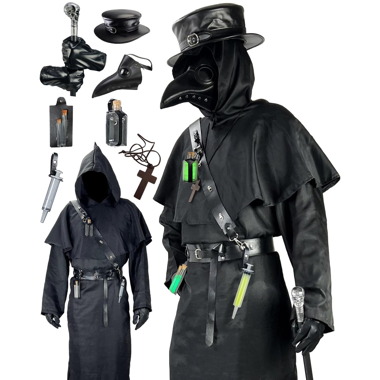 Plague Doctor Costume Set Halloween Props Renaissance Medieval Monk Priest Cosplay Outfit Mask Hat Robe Cane (Black, M)