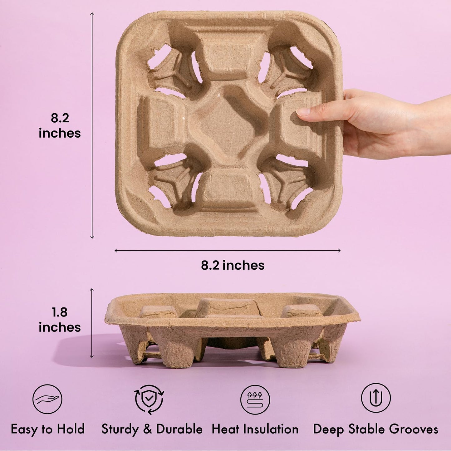 FMP Brands 4 Cup Disposable Drink Carrier Trays, 45 Pack Compostable Pulp Fiber Cup Holder for 8-32 oz Cup, Durable to Go Coffee Cup Holders for Delivery Service, Uber Eats