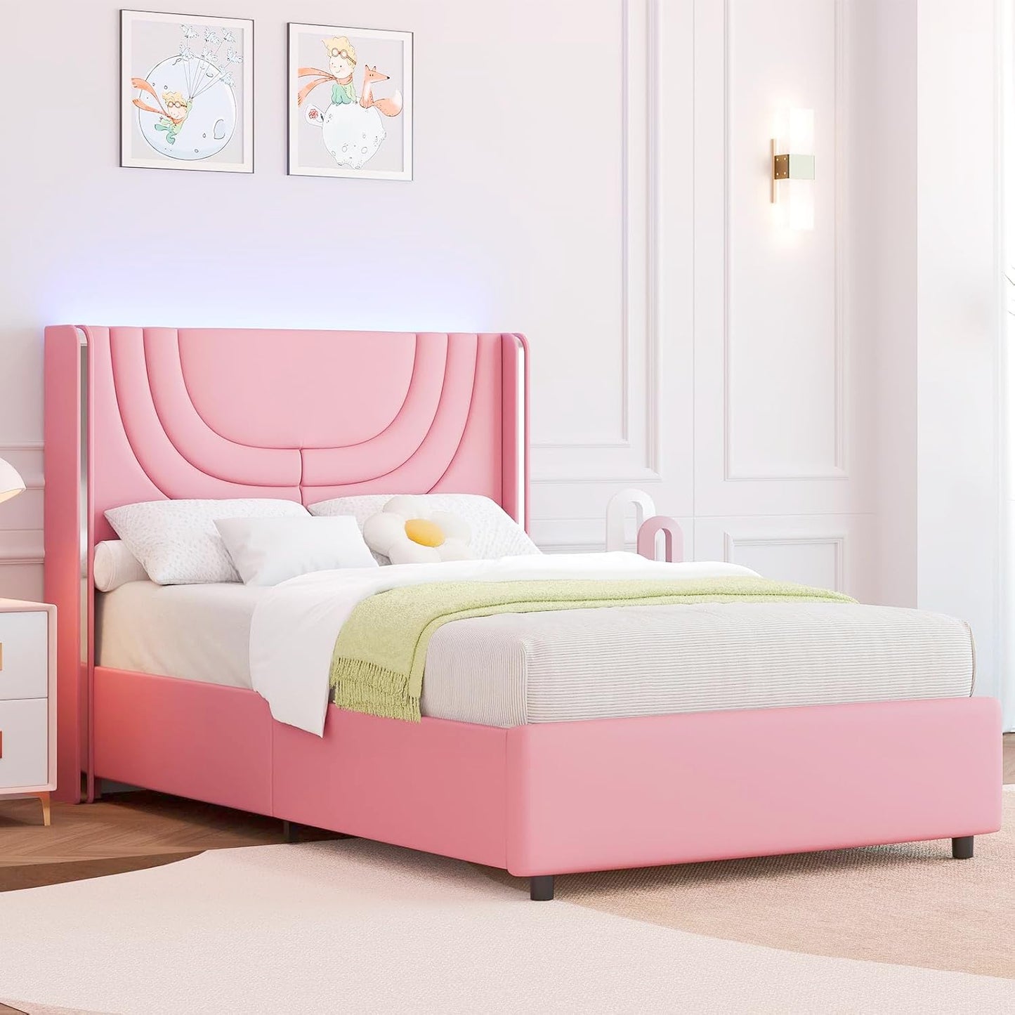 REVOMINCA Pink Twin Bed Frame with LED Lights, Faux Leather Upholstered Platform with Silver Wingback Headboard, Modern Style, No Box Spring Needed, Easy Assembly