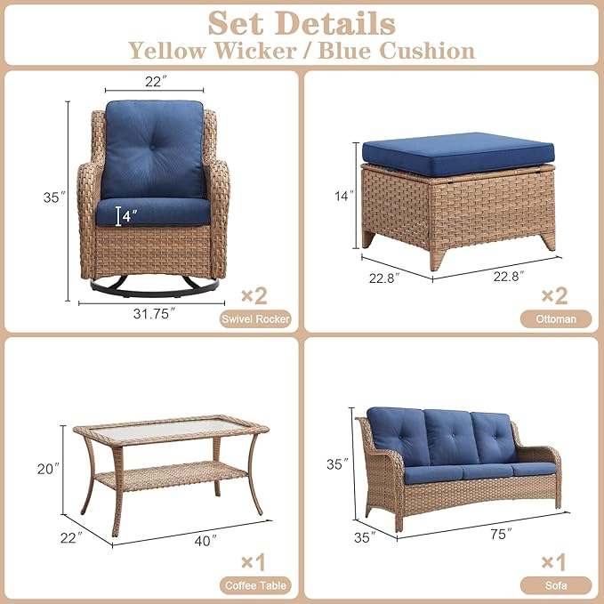Belord Wicker Outdoor Furniture Patio Furniture Set - 6 Piece Patio Conversation Set with Swivel Rocker Chairs, Rattan Sofa, Ottomans and Coffee Table, Blue Cushion
