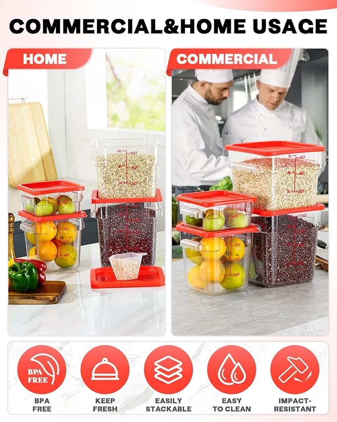 8QT NSF Food Storage Containers: 6PCS[Food Grade][Hot&Cold Resistant] Clear Food Storage Containers with Scales Handles for Home Restaurant Kitchen Storage Pizza Proof Dough, BPA Free (N2)