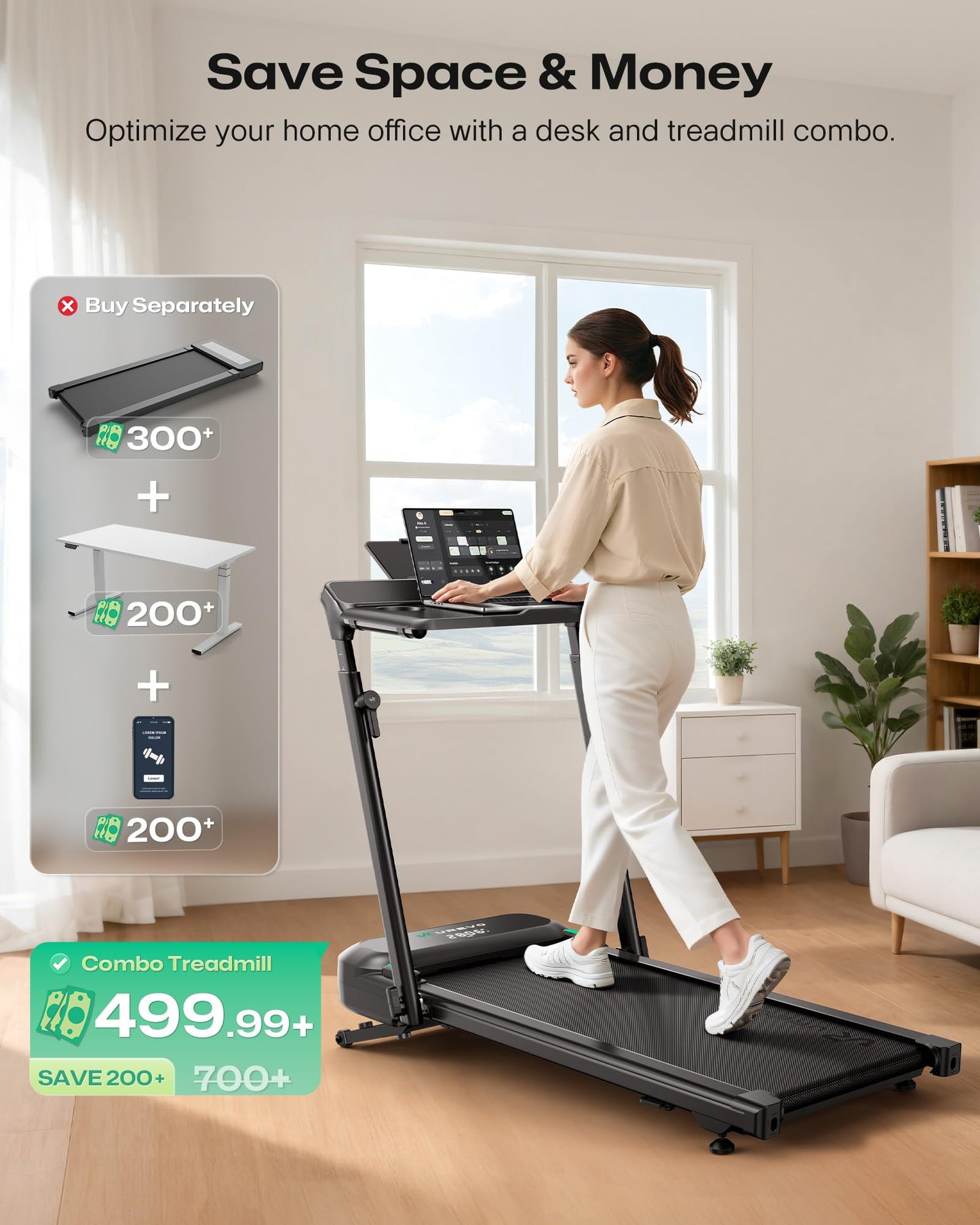 UREVO Foldimix 5L Treadmill with Multifunctional Desk, 9% Auto Incline Walking Pad for Home Office, Quiet 3.0HP Dual, 14-Point Shock Absorption, Folding Running Machine for Laptop/Work