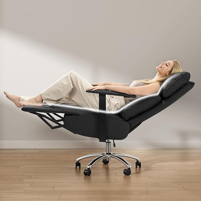 OKUP Reclining Office Chair with Adjustable Headrest and Footrest, 170° Ergonomic Comfortable Office Chair Zero Gravity, Leather Executive Home Office Desk Chair (Black)