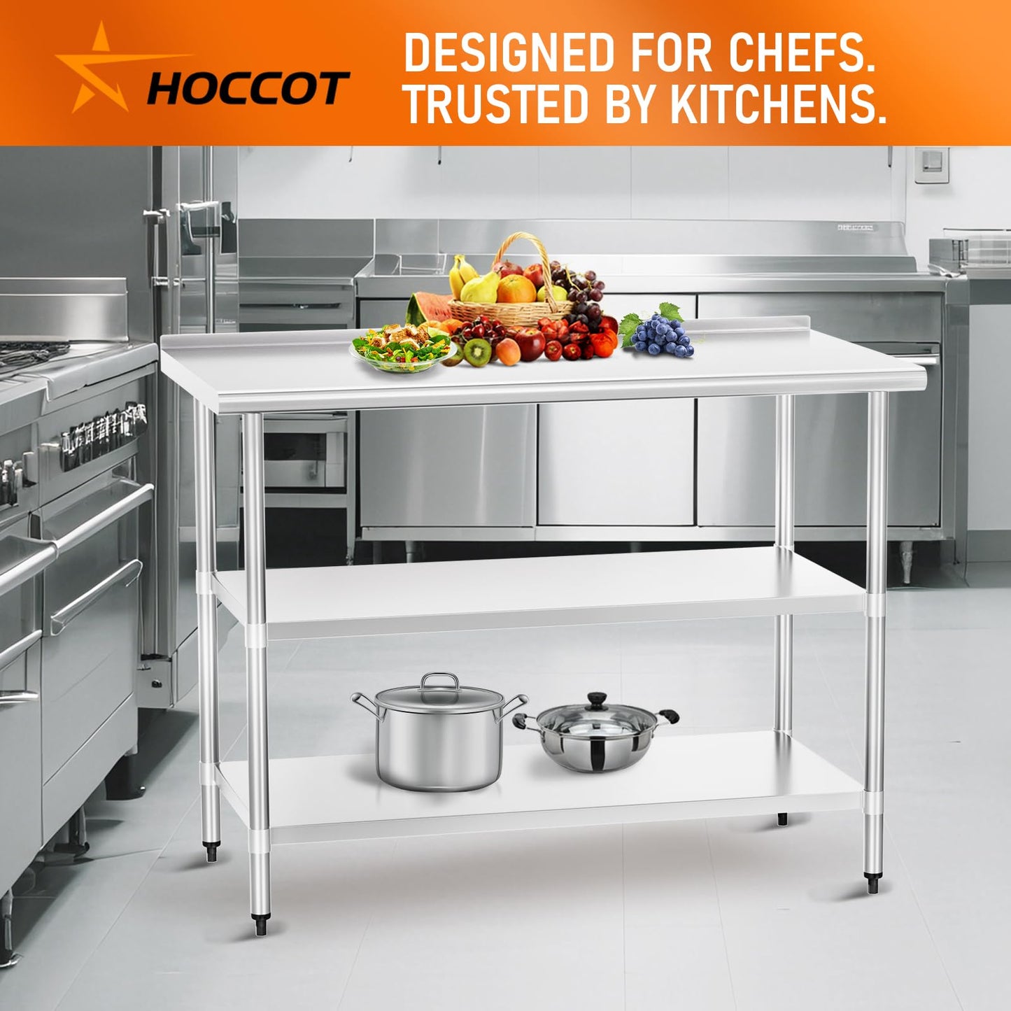 HOCCOT Stainless Steel Table 24" x 60" with 2 Adjustable Undershelves and Backsplash, Commercial Metal Workstations for Kitchen, Garage, Outdoor BBQ