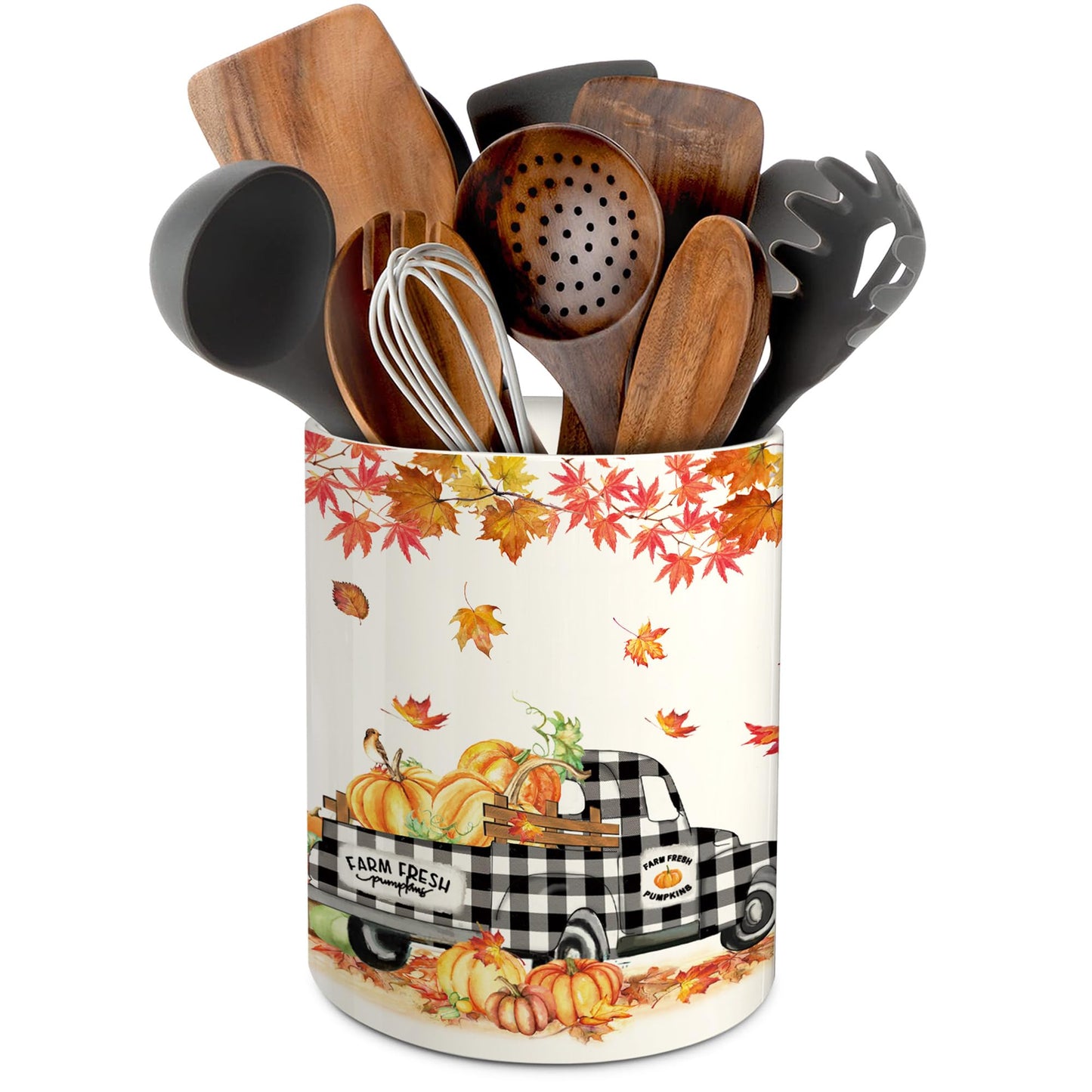 pinata Fall Kitchen Decor Ceramic Utensil Holder, Farmhouse Fall Truck Pumpkin Utensils Holder, Ceramic Utensils Crock for Rustic Indoor Kitchen Decorations(6.3 Inches)