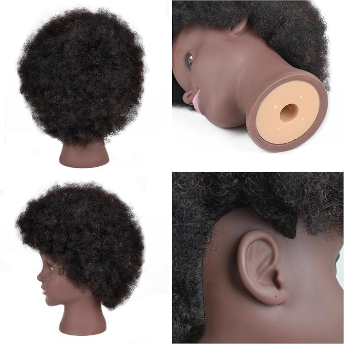 Mannequin Head Human Hair for Kids Braiding Hair, 8" Cosmetology Afro Kinky Curly Hair Mannequin Head Training Manikin Doll Head for Braiding Hair